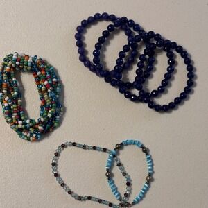 Set of 7 Beaded Stretch‎ Bracelets Blue Multi Color Glass Bead Boho Stacking
